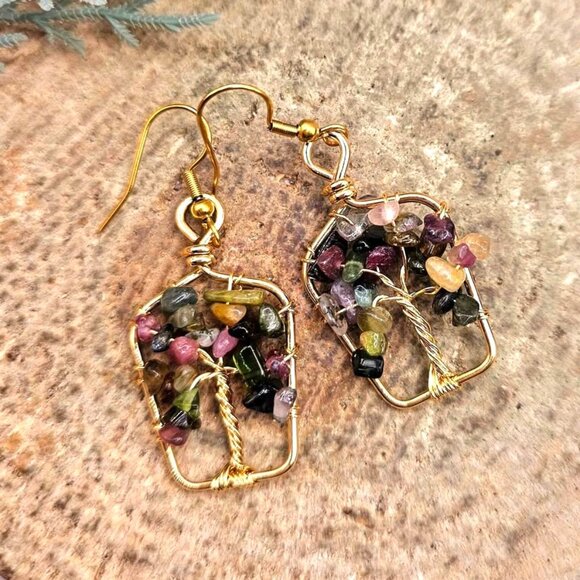 Nature Mixed Tourmaline Chips Crystal Tree Earring - Picture 9 of 10